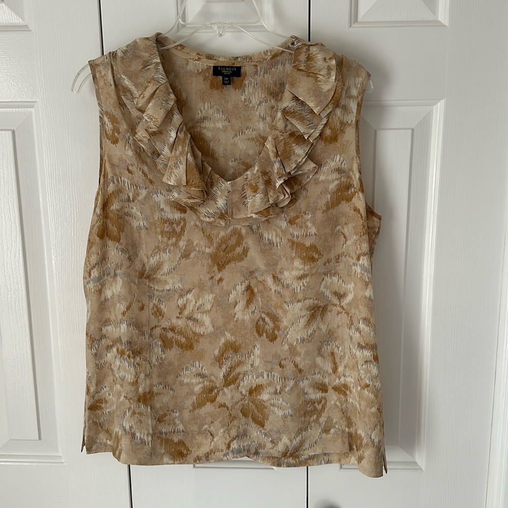 Talbots, 100% Silk, Sleeveless Blouse, Tan, Size 14p